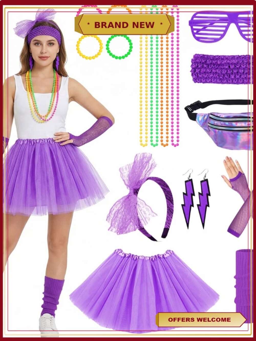 80s Fancy Dress Costume Accessories Set Tutu Skirt Leg Warmers Party Kit